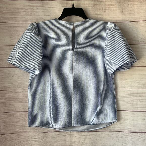 Zara Blue White Striped Blouse Sheer Floral Cutout Details Puff Sleeves Size S - Picture 5 of 16